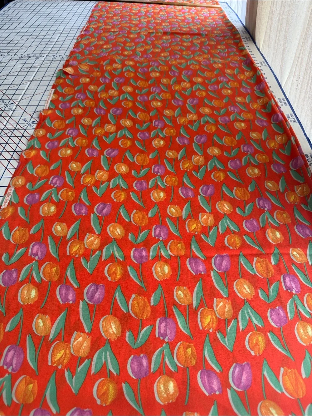 Vintage John Kaldor Fabric 3 Yds Tulip Floral Orange/Red Crepe Semi Sheer 44”